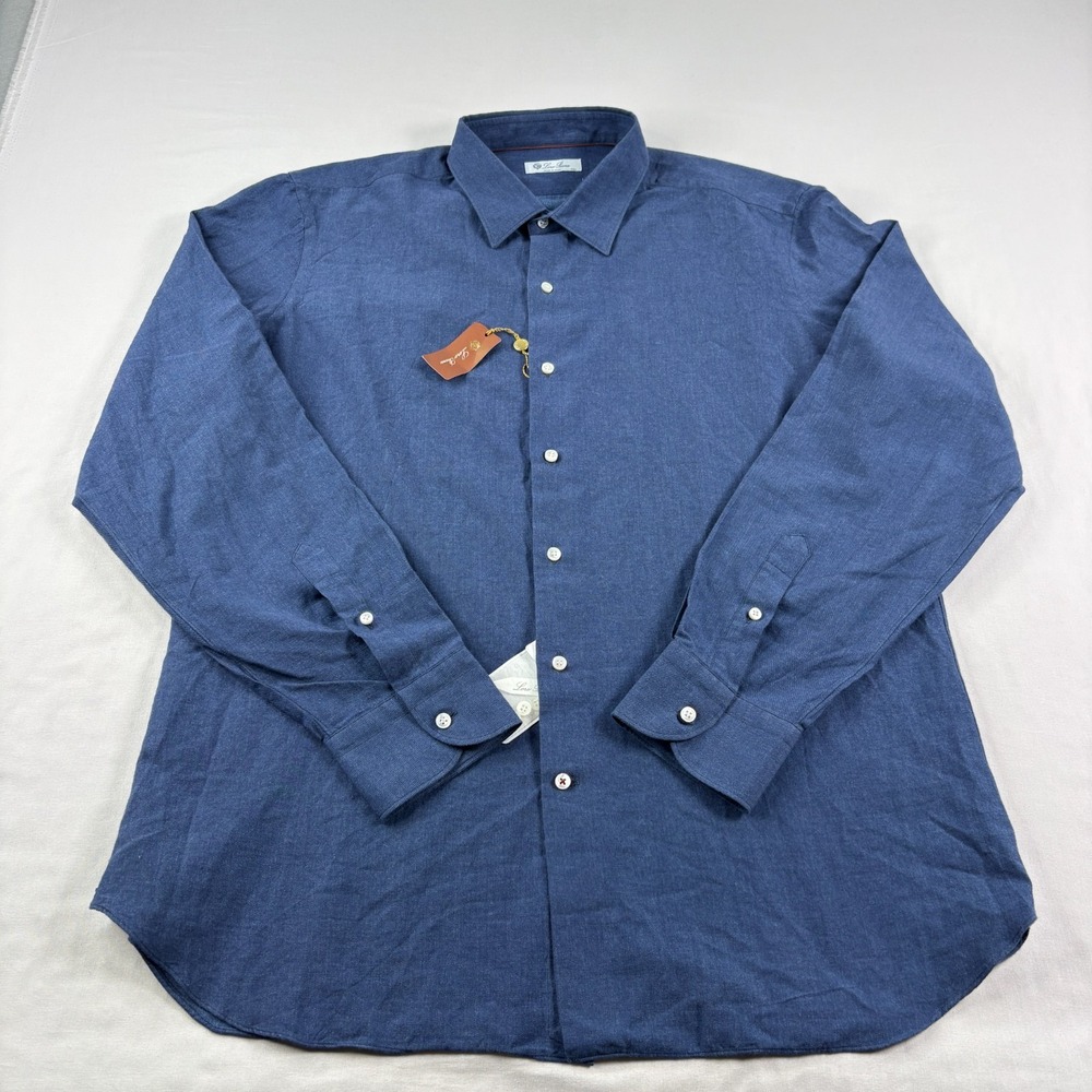 Loro Piana Shirt Mens 2XL Blue Button Up Arthur Cotton Cashmere Blend Italy NEW‎